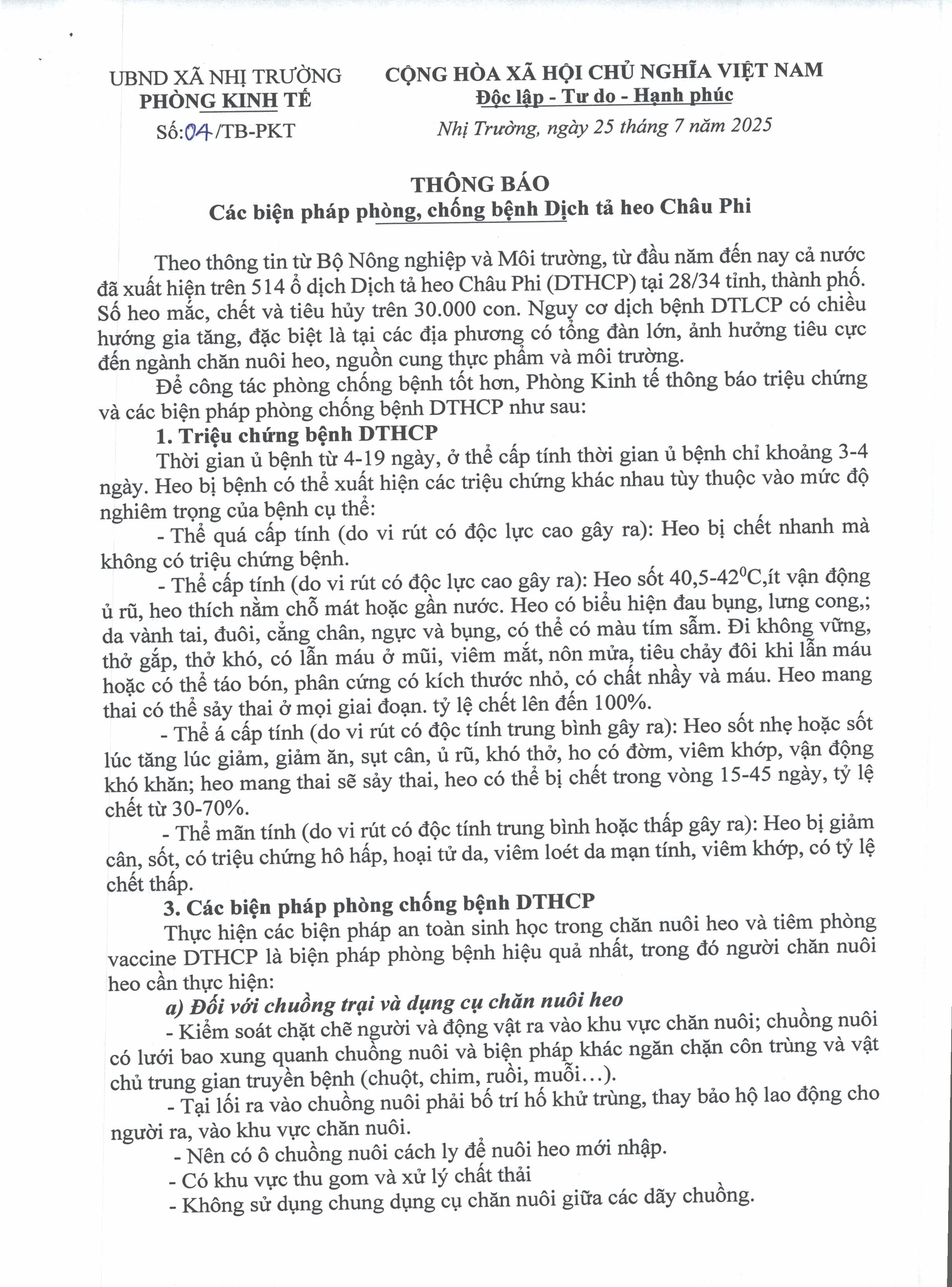 Thông báo các biện pháp phòng chống bệnh Dịch tả heo Châu Phi