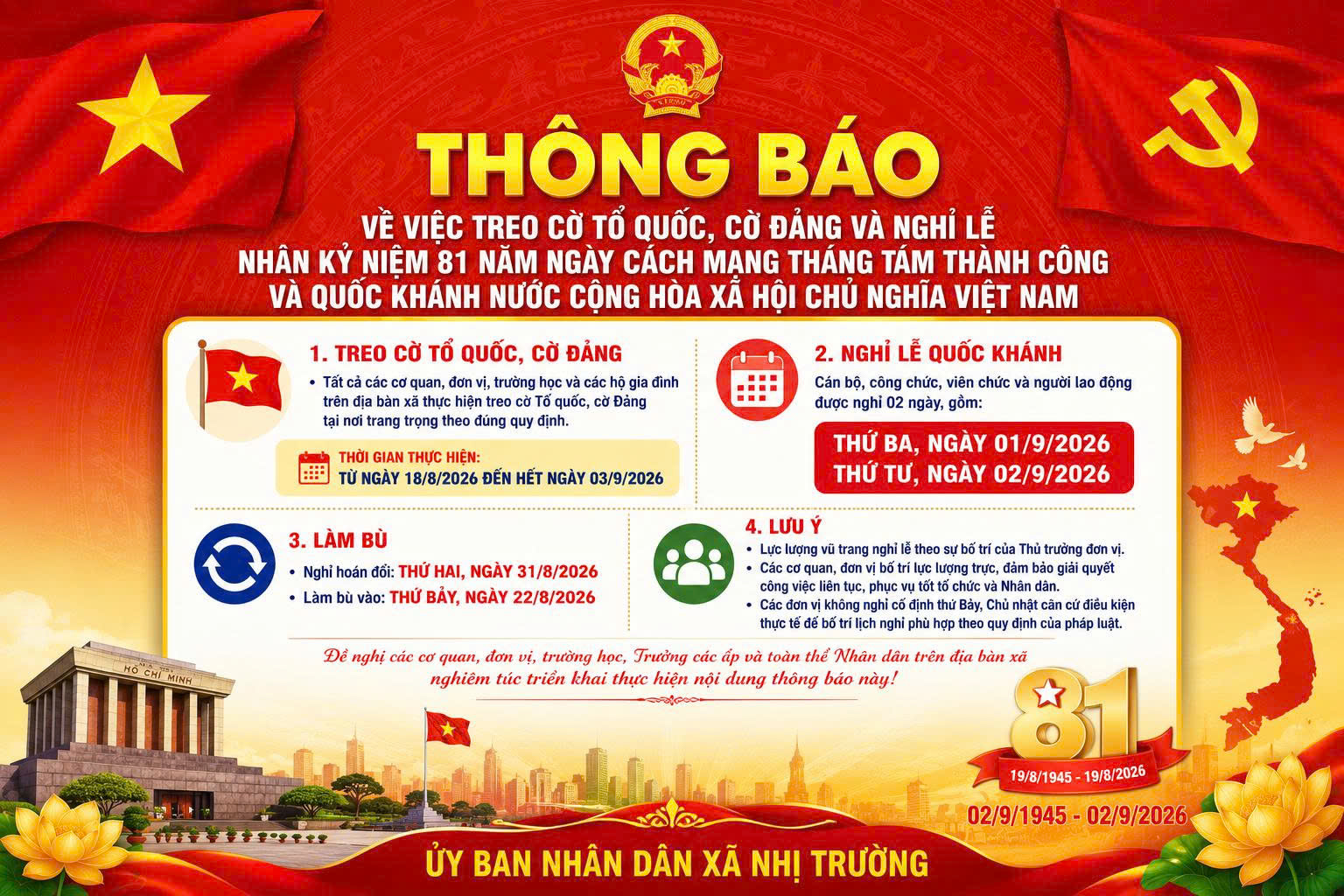 VỀ VIỆC TREO CỜ TỔ QUỐC, CỜ ĐẢNG VÀ NGHỈ LỄ NHÂN KỶ NIỆM 81 NĂM NGÀY CÁCH MẠNG THÁNG TÁM THÀNH CÔNG VÀ QUỐC KHÁNH NƯỚC CỘNG HÒA XÃ HỘI CHỦ NGHĨA VIỆT NAM