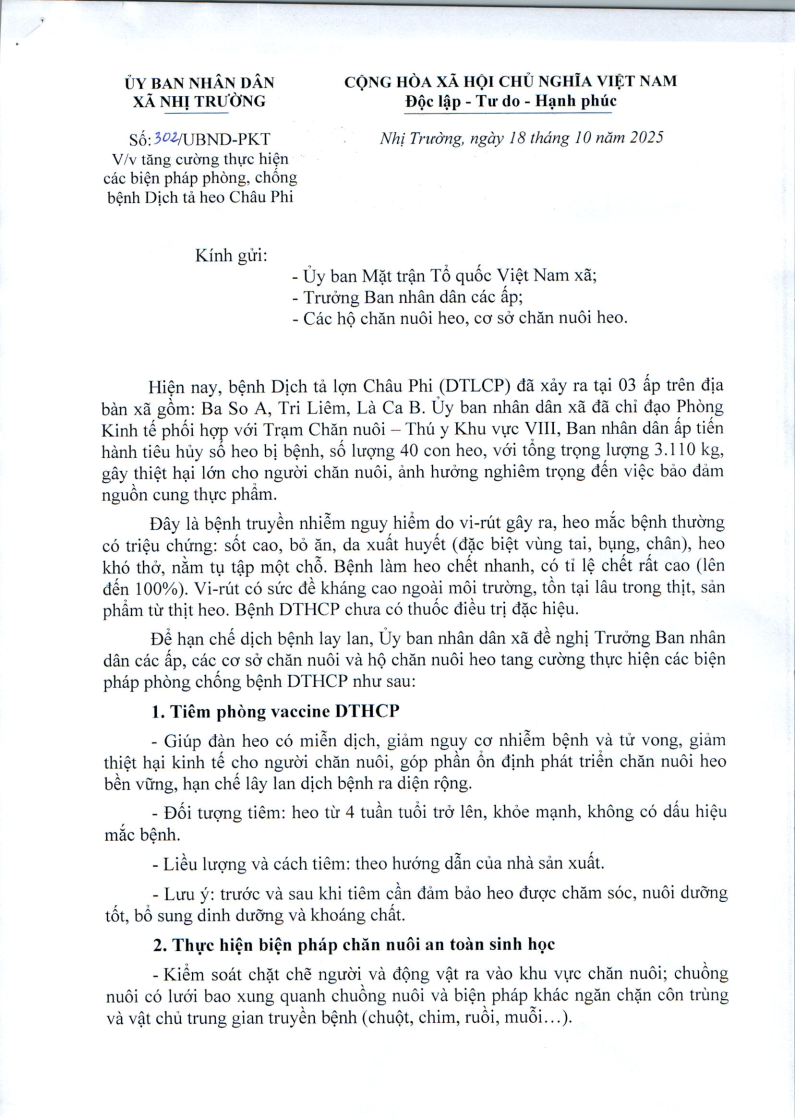 Công văn số 302/UBND-PKT về việc Tăng cường thực hiện các biện pháp phòng, chống bệnh Dịch tả heo Châu Phi