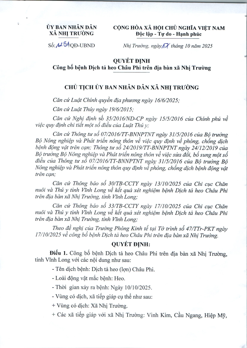 Quyết định số 1251/QĐ-UBND ngày 17 tháng 10 năm 2025 của chủ tịch Ủy ban nhân dân xã Nhị Truờng về việc công bố Dịch tả heo Châu Phi trên địa bàn xã Nhị Trường
