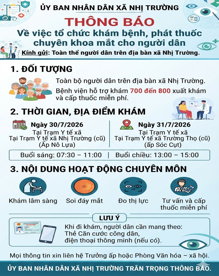 Ủy ban xã Nhị Trường thông báo về việc tổ chức khám bệnh, phát thuốc chuyên khoa mắt cho người dân trên địa bàn xã.
