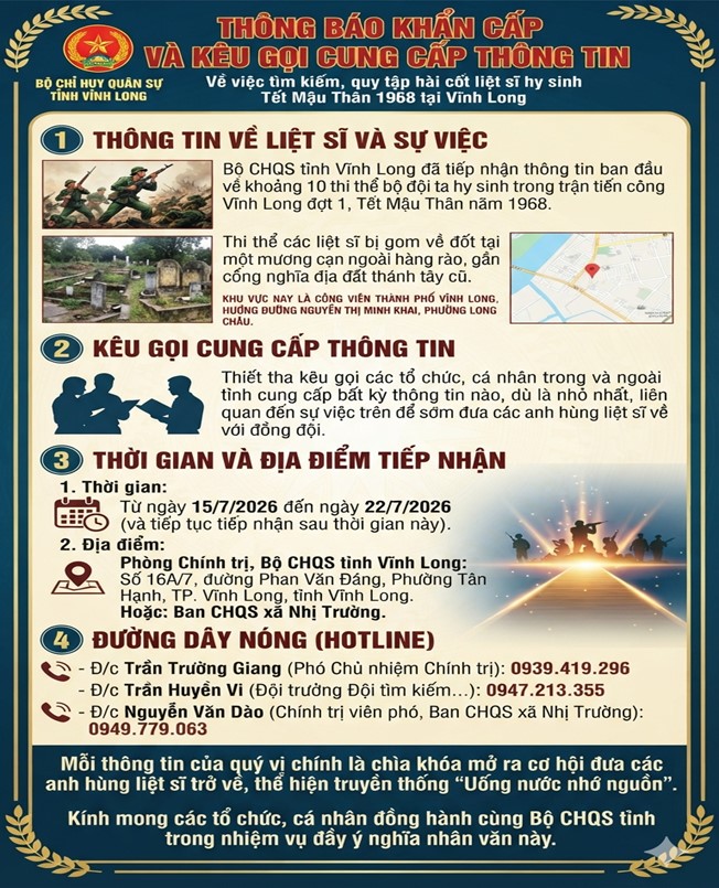 Công văn số 4355/BCH-CT ngày 15/7/2026 của Bộ Chỉ huy Quân sự tỉnh Vĩnh Long về việc hỗ trợ phát động cung cấp thông tin về mộ tập thể ở công viên thành phố Vĩnh Long.